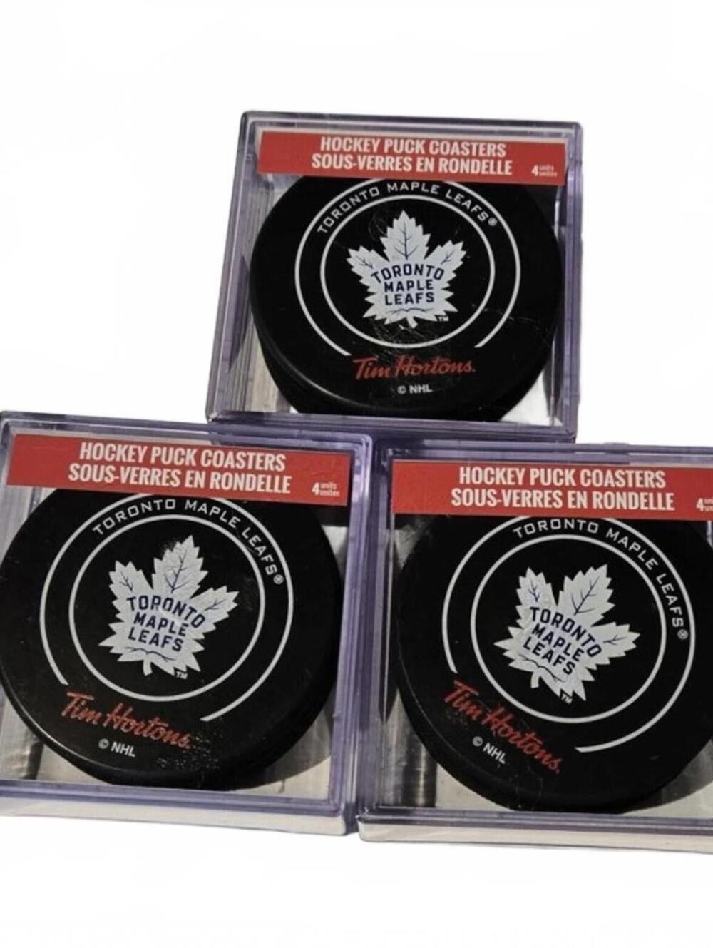 Tim Hortons Toronto Maple Leafs Puck Coaster Set / 3 Sets / 4 per package / New